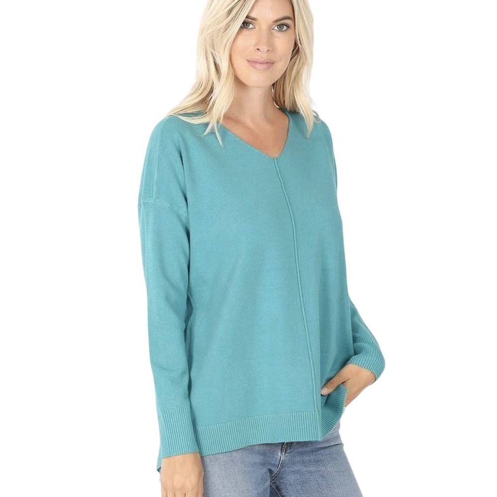 Zenana Women's Front Seam V-Neck Teal Sweater Size‎ XL